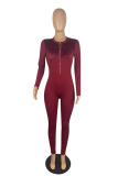Red Casual Solid Patchwork Zipper O Neck Skinny Jumpsuits