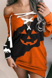 Orange Casual Print Frenulum Off the Shoulder Long Sleeve Dresses