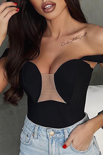 Black Sexy Solid Patchwork Mesh Square Collar Tops