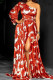 Red Elegant Print Patchwork Oblique Collar Dresses