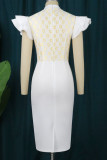 White Elegant Solid Patchwork Flounce O Neck One Step Skirt Dresses
