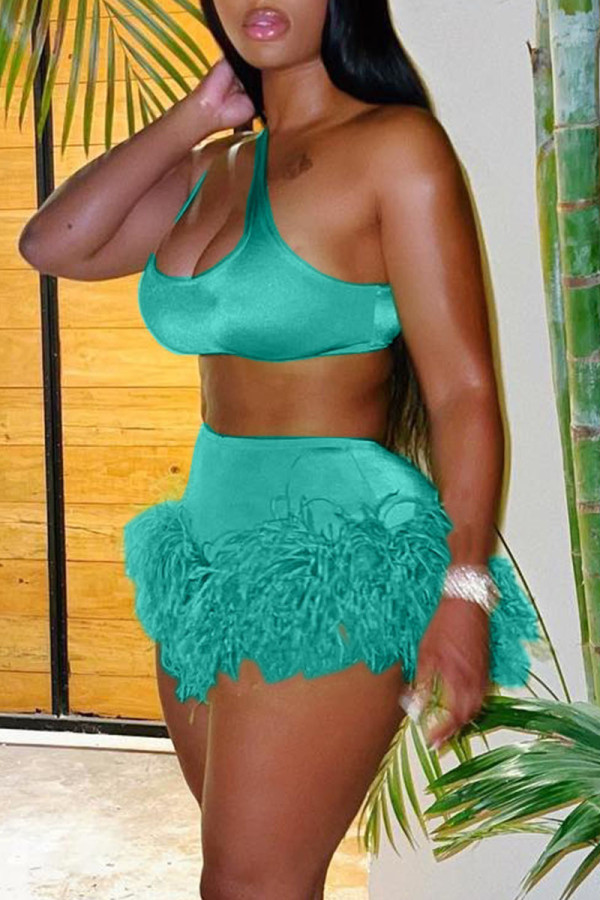 Cyan Sexy Solid Patchwork Feathers U Neck Two Pieces