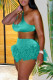 Cyan Sexy Solid Patchwork Feathers U Neck Two Pieces