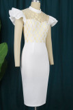 White Elegant Solid Patchwork Flounce O Neck One Step Skirt Dresses
