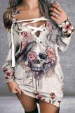White Casual Skull Head Print Frenulum V Neck Long Sleeve Dresses
