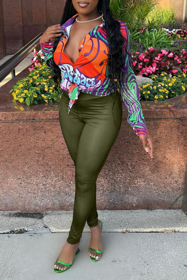 Army Green Sexy Street Print Patchwork Buckle Turndown Collar Long Sleeve Two Pieces
