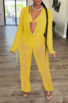 Yellow Sexy Solid Patchwork Frenulum See-through Backless Asymmetrical V Neck Long Sleeve Two Pieces