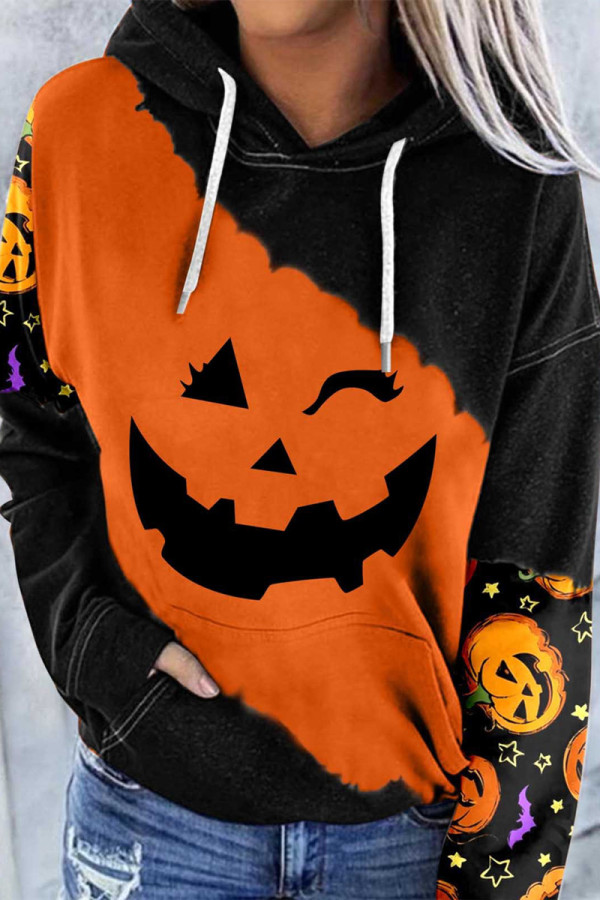 Black Orange Casual Print Patchwork Hooded Collar Tops
