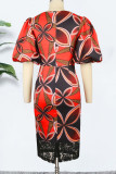 Red Elegant Print Patchwork O Neck One Step Skirt Dresses