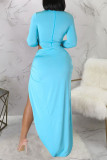 Light Blue Sexy Solid Hollowed Out Patchwork Slit Asymmetrical O Neck Long Sleeve Two Pieces