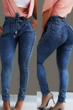 Dark Blue Fashion Casual Solid Basic Mid Waist Skinny Jeans