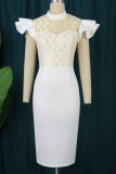 White Elegant Solid Patchwork Flounce O Neck One Step Skirt Dresses