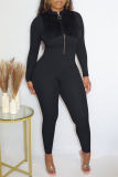 Red Casual Solid Patchwork Zipper O Neck Skinny Jumpsuits
