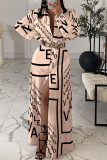 Apricot Casual Letter Print Patchwork Turndown Collar Shirt Dress (Without Belt)