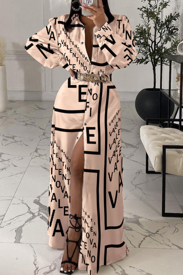Apricot Casual Letter Print Patchwork Turndown Collar Shirt Dress (Without Belt)