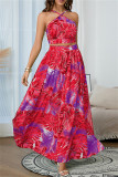 Red Sexy Print Backless Spaghetti Strap Sleeveless Two Pieces