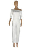 White Casual Solid Patchwork Backless Regular Jumpsuits