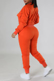 Orange Red Casual Solid Patchwork Zipper Long Sleeve Two Pieces