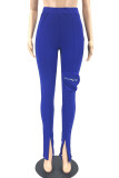 Blue Casual Solid Patchwork Slit Skinny High Waist Trousers