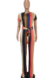 Colour Casual Striped Print Bandage Patchwork O Neck Short Sleeve Two Pieces