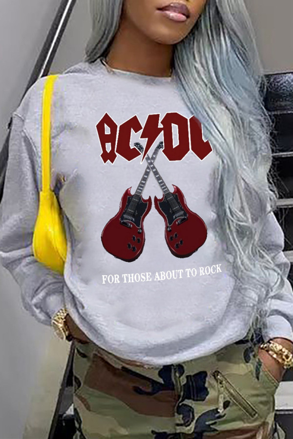 Grey Casual Print Patchwork Basic O Neck Tops