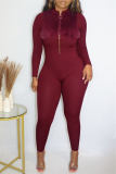 Red Casual Solid Patchwork Zipper O Neck Skinny Jumpsuits