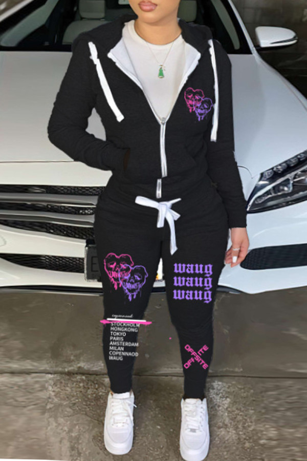 Black Casual Print Patchwork Hooded Collar Long Sleeve Two Pieces