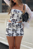 White Sexy Print Backless Strapless Sleeveless Two Pieces