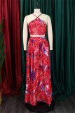 Red Sexy Print Backless Spaghetti Strap Sleeveless Two Pieces