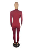 Red Casual Solid Patchwork Zipper O Neck Skinny Jumpsuits