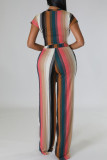 Colour Casual Striped Print Bandage Patchwork O Neck Short Sleeve Two Pieces