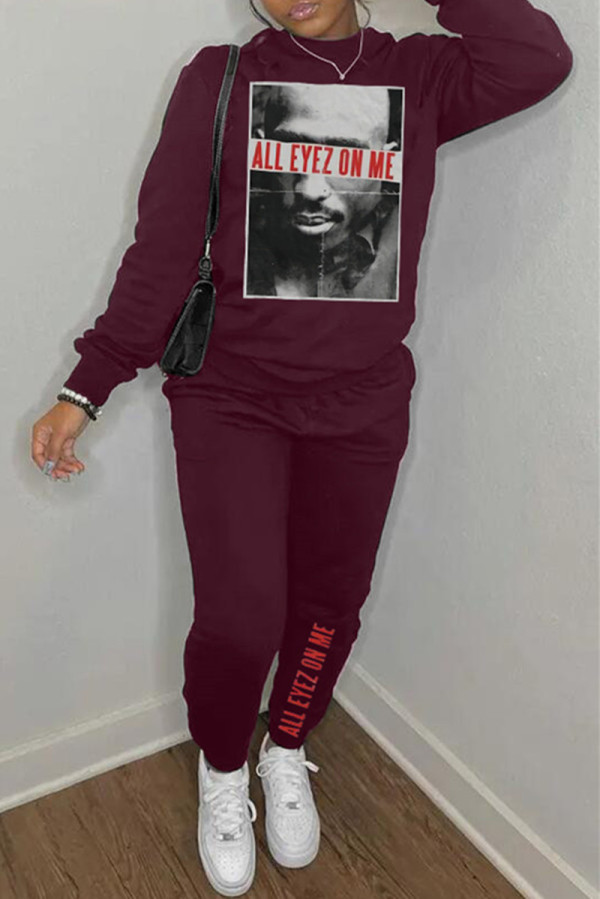 Burgundy Casual Print Patchwork Basic O Neck Long Sleeve Two Pieces