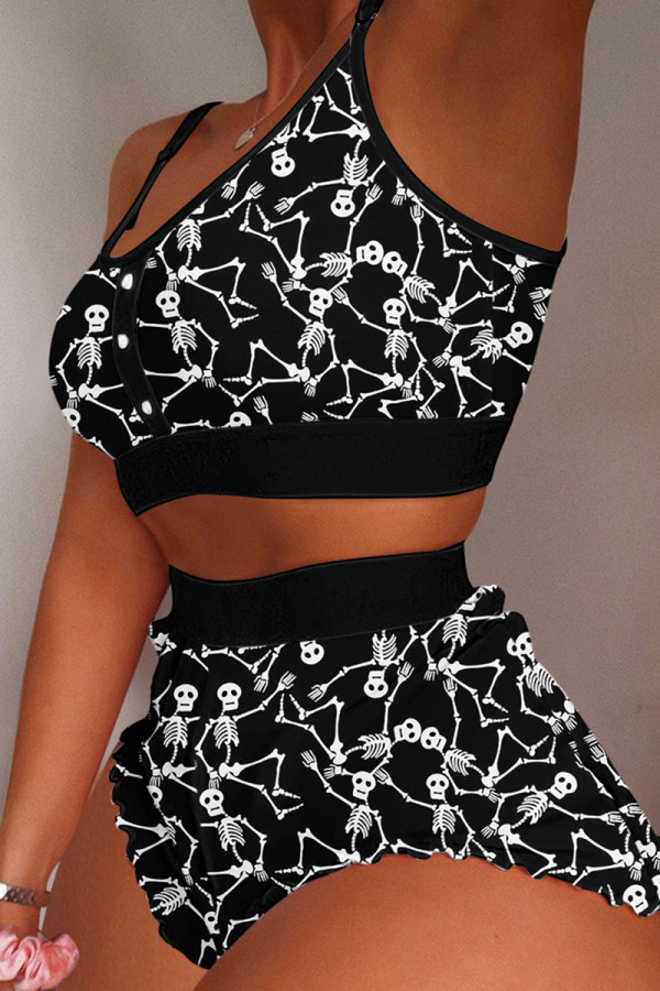 Black Sexy Casual Print Patchwork U Neck Sleeveless Two Pieces