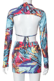 Red Sexy Print Patchwork Halter Long Sleeve Three Pieces