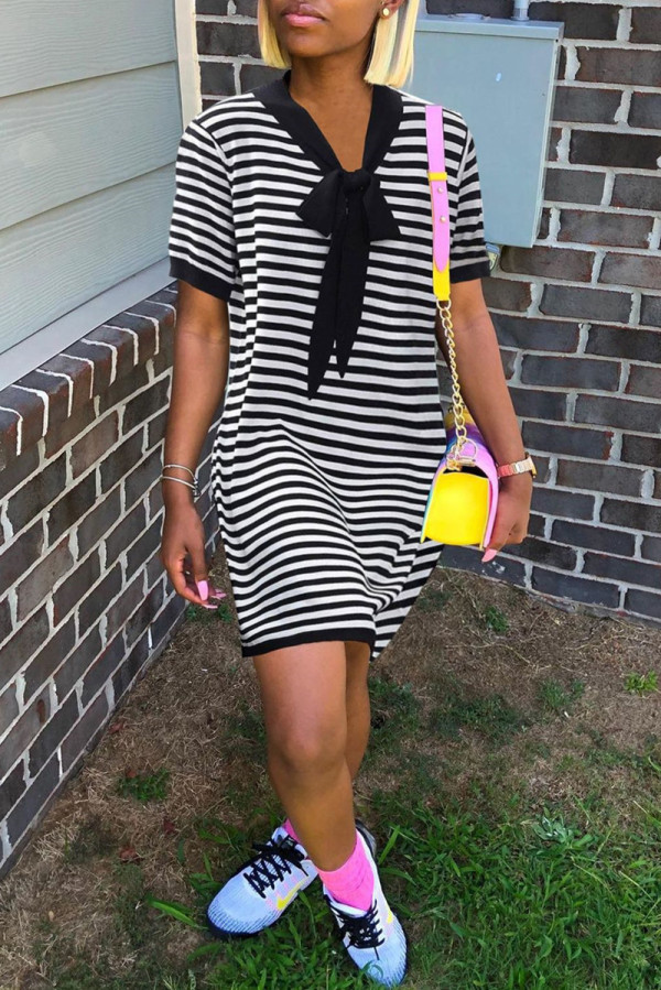 Stripe Casual Striped Print Patchwork V Neck Short Sleeve Dress Dresses