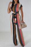 Colour Casual Striped Print Bandage Patchwork O Neck Short Sleeve Two Pieces