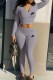 Grey Casual Print Letter Hooded Collar Long Sleeve Two Pieces
