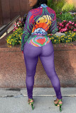 Purple Sexy Street Print Patchwork Buckle Turndown Collar Long Sleeve Two Pieces