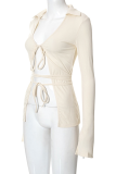 Apricot Sexy Solid Draw String Turndown Collar Tops