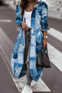 Blue Casual Print Patchwork Outerwear