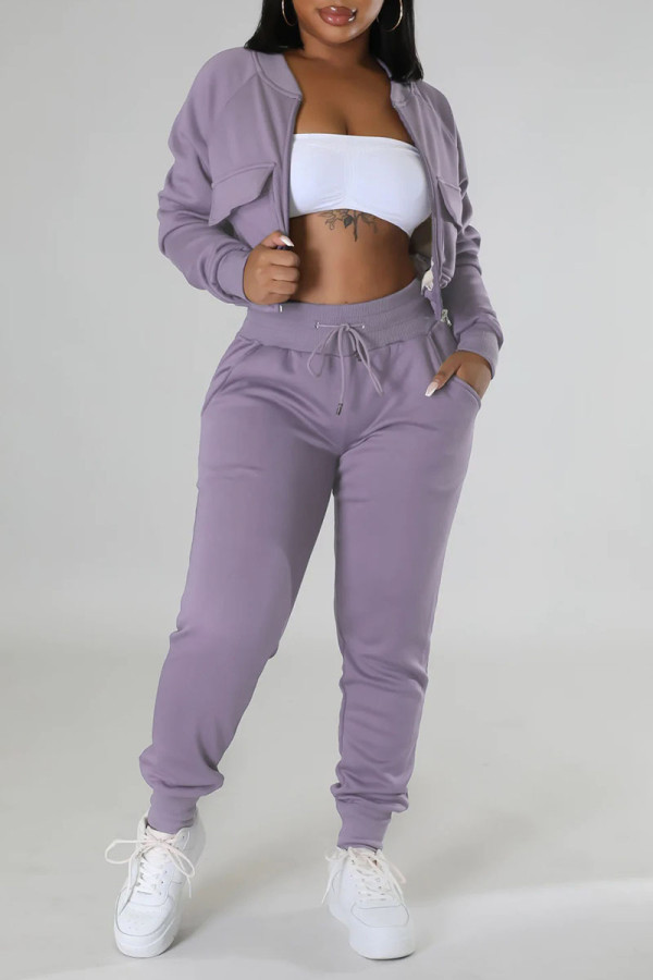 Light Purple Casual Solid Patchwork Zipper Long Sleeve Two Pieces