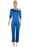 Blue Casual Solid Patchwork Backless Regular Jumpsuits
