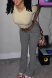 Grey Casual Striped Patchwork Boot Cut Mid Waist Speaker Full Print Bottoms
