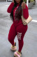 Burgundy Casual Print Patchwork O Neck Long Sleeve Two Pieces