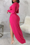 Rose Red Sexy Solid Hollowed Out Patchwork Slit Asymmetrical O Neck Long Sleeve Two Pieces