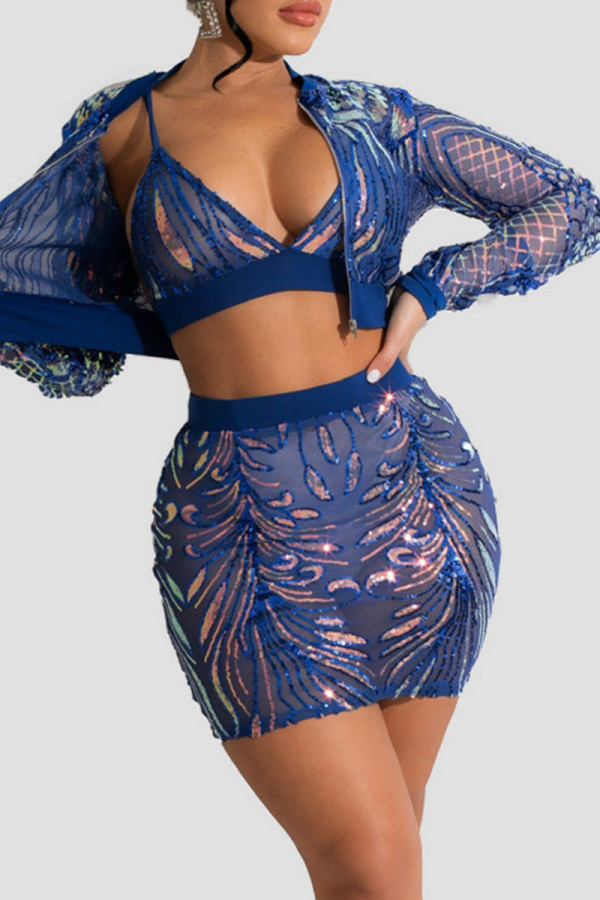 Peacock Blue Sexy Solid Sequins Patchwork Long Sleeve Two Pieces