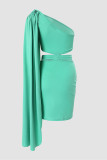 Light Green Sexy Casual Solid Hollowed Out Patchwork Oblique Collar Sleeveless Dress