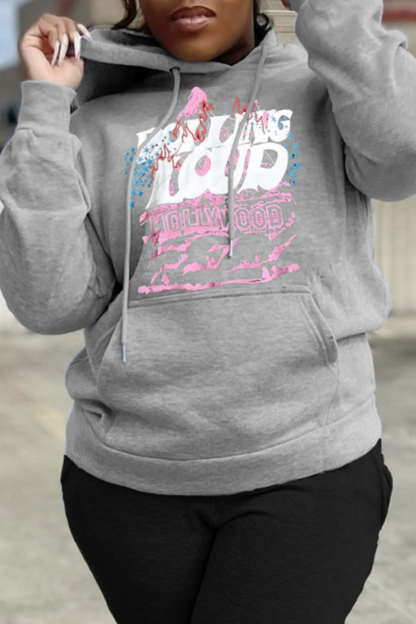 Grey Casual Print Patchwork Basic Hooded Collar Tops