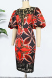 Red Elegant Print Patchwork O Neck One Step Skirt Dresses