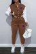 Coffee Casual Print Patchwork Mandarin Collar Long Sleeve Two Pieces
